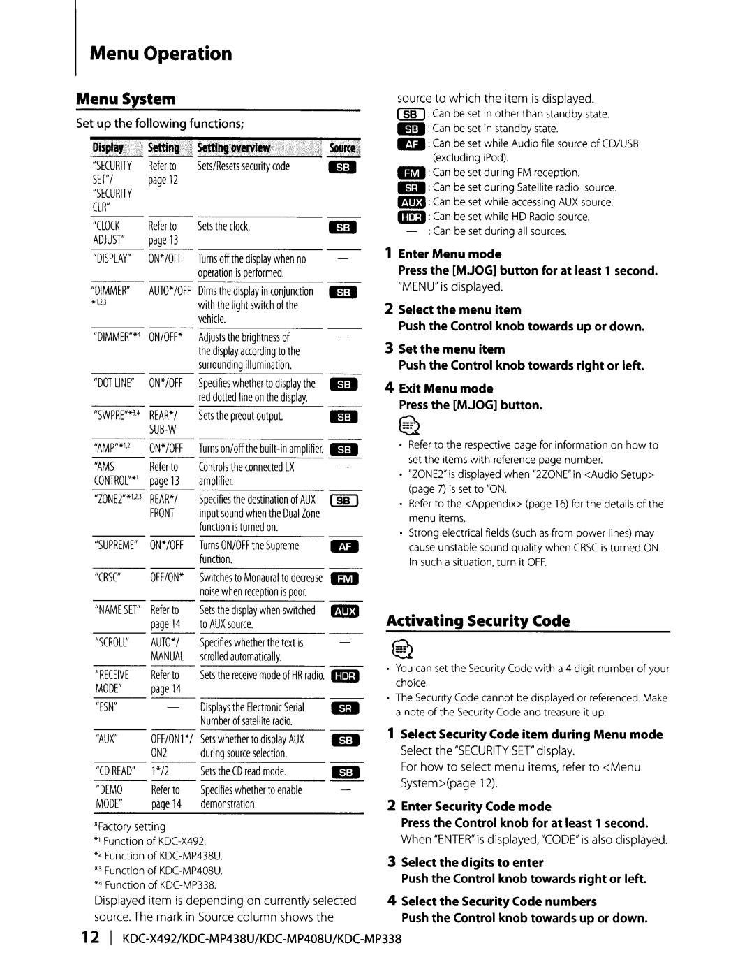 Kenwood KDC-MP438U, KDC-MP338, KDC-MP408U Menu System, Activating Security Code, Set up the following functions 