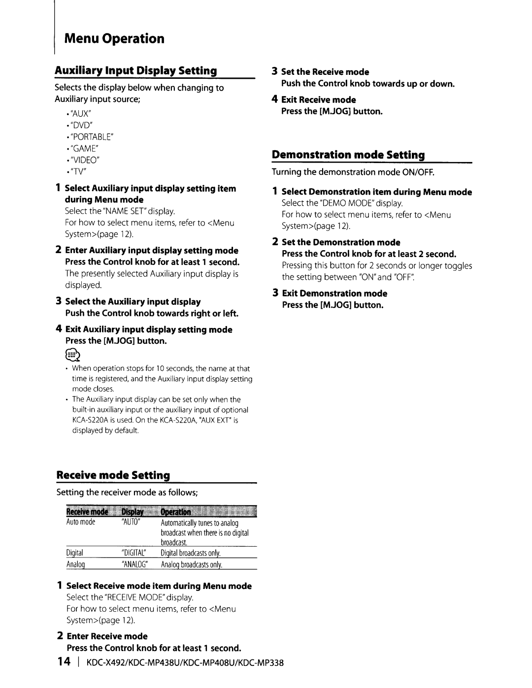 Kenwood KDC-MP408U, KDC-MP438U, KDC-MP338 Auxiliary Input Display Setting, Demonstration mode Setting, Receive mode Setting 