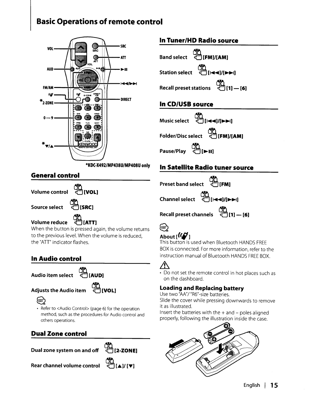 Kenwood KDC-MP438U, KDC-MP338, KDC-MP408U instruction manual Basic Operations of remote control 