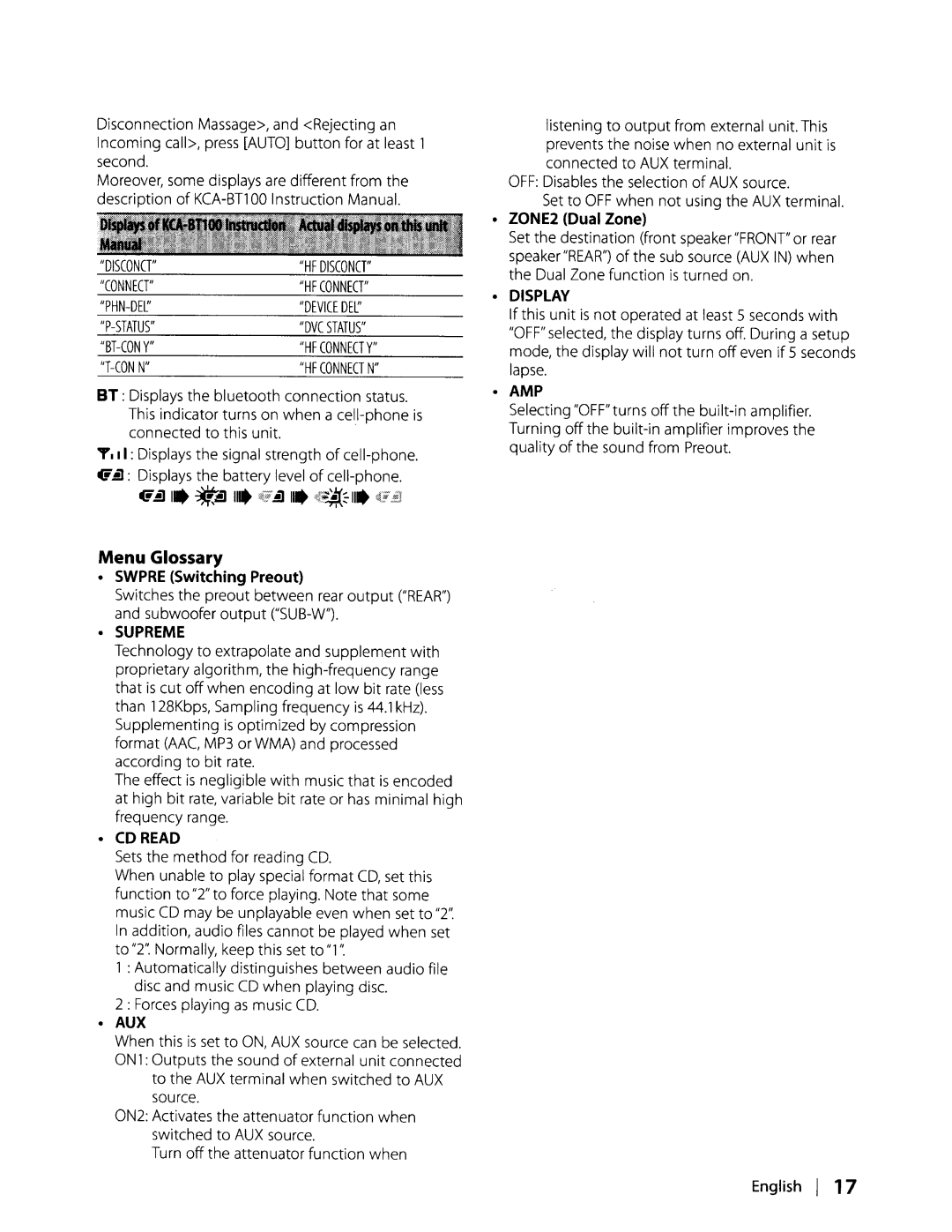 Kenwood KDC-MP408U, KDC-MP438U, KDC-MP338 instruction manual Menu Glossary, ZONE2 Dual Zone, Swpre Switching Preout 