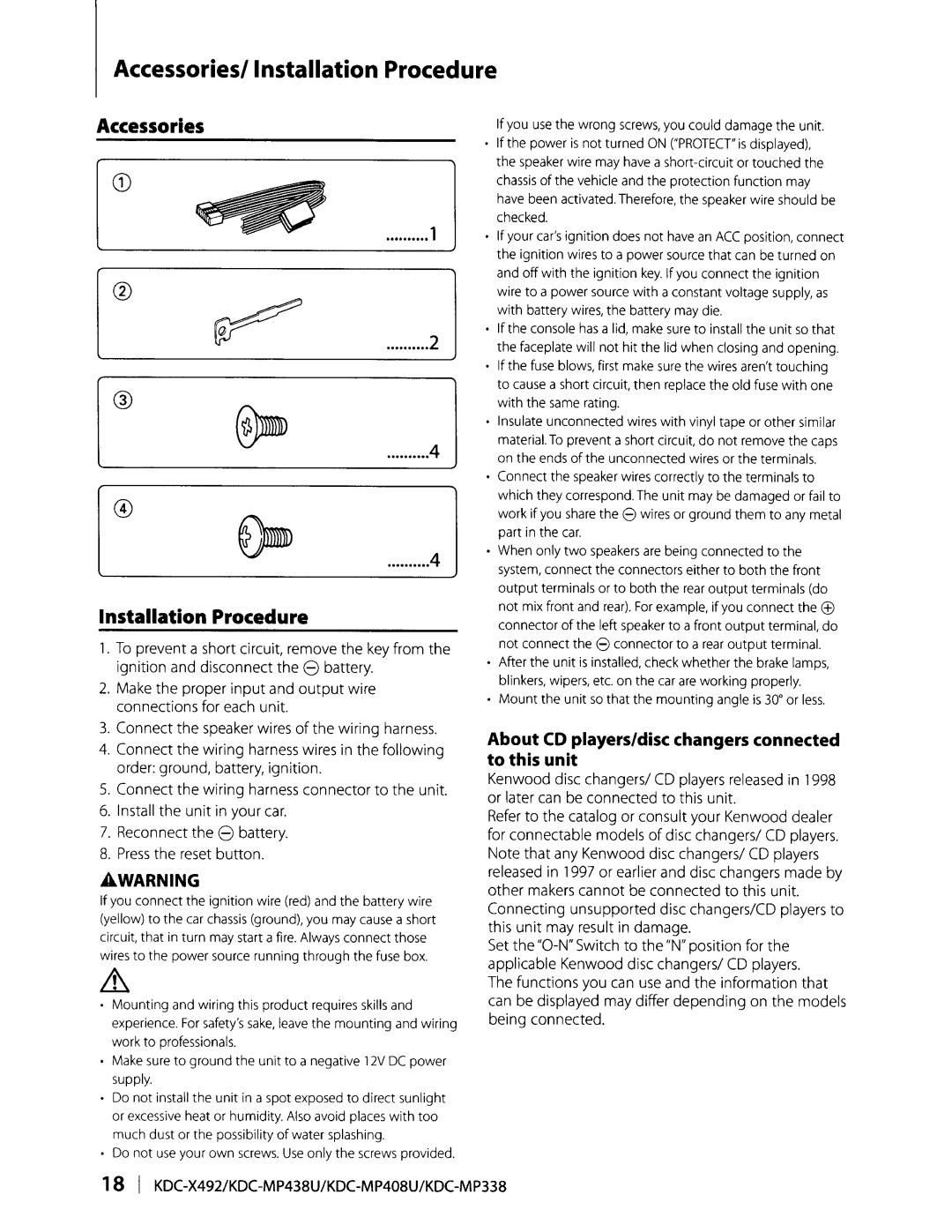 Kenwood KDC-MP438U, KDC-MP338, KDC-MP408U Accessories/Installation Procedure, Accessories Installation Procedure 