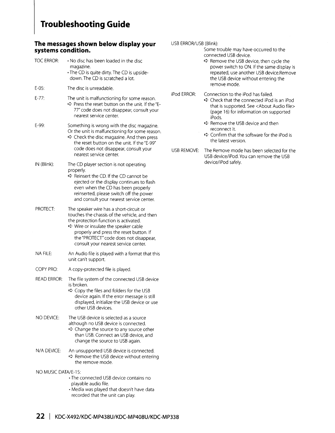 Kenwood KDC-MP338, KDC-MP438U, KDC-MP408U Troubleshooting Guide, Messages shown below display your systems condition 