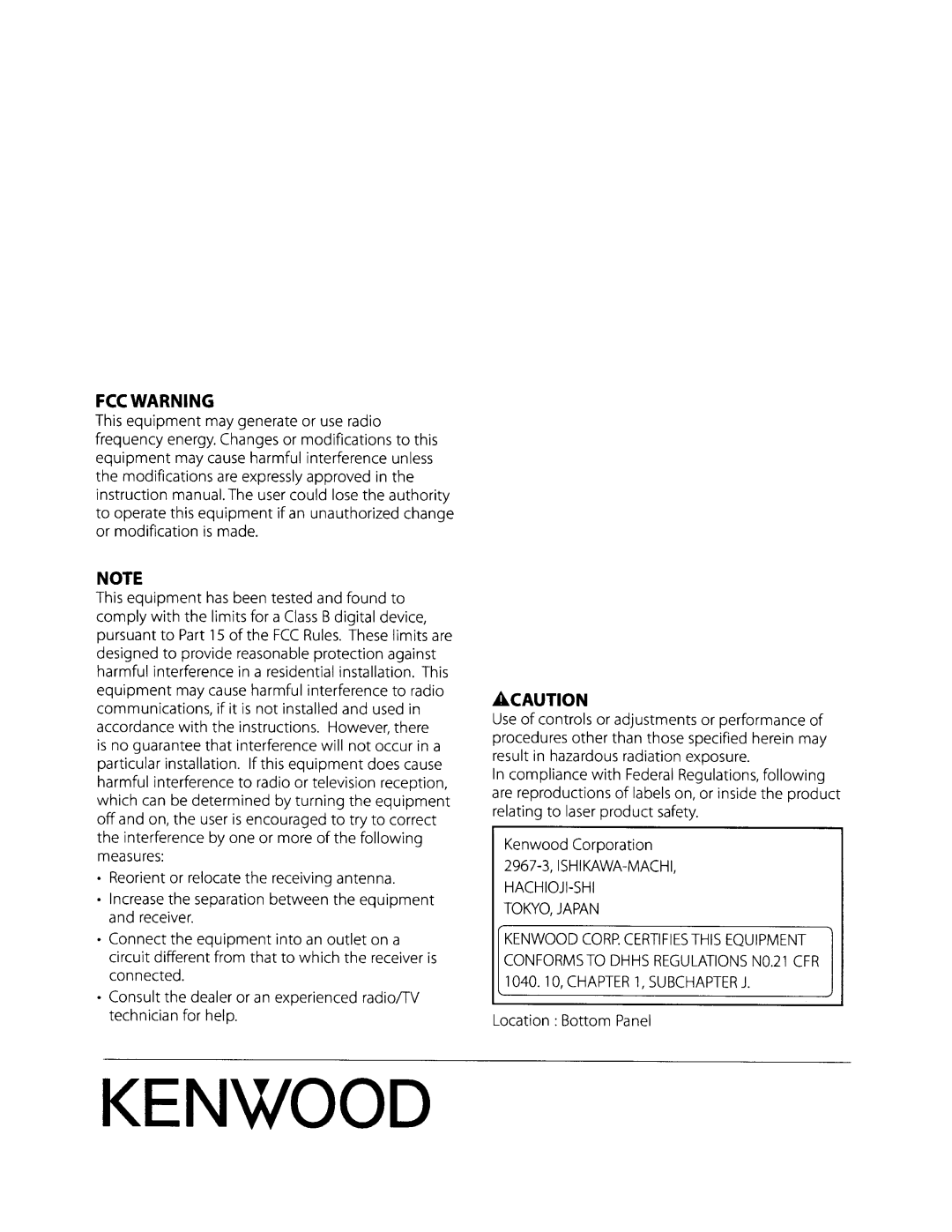 Kenwood KDC-MP338, KDC-MP438U, KDC-MP408U instruction manual FCC Warning, TOKYO, Japan 