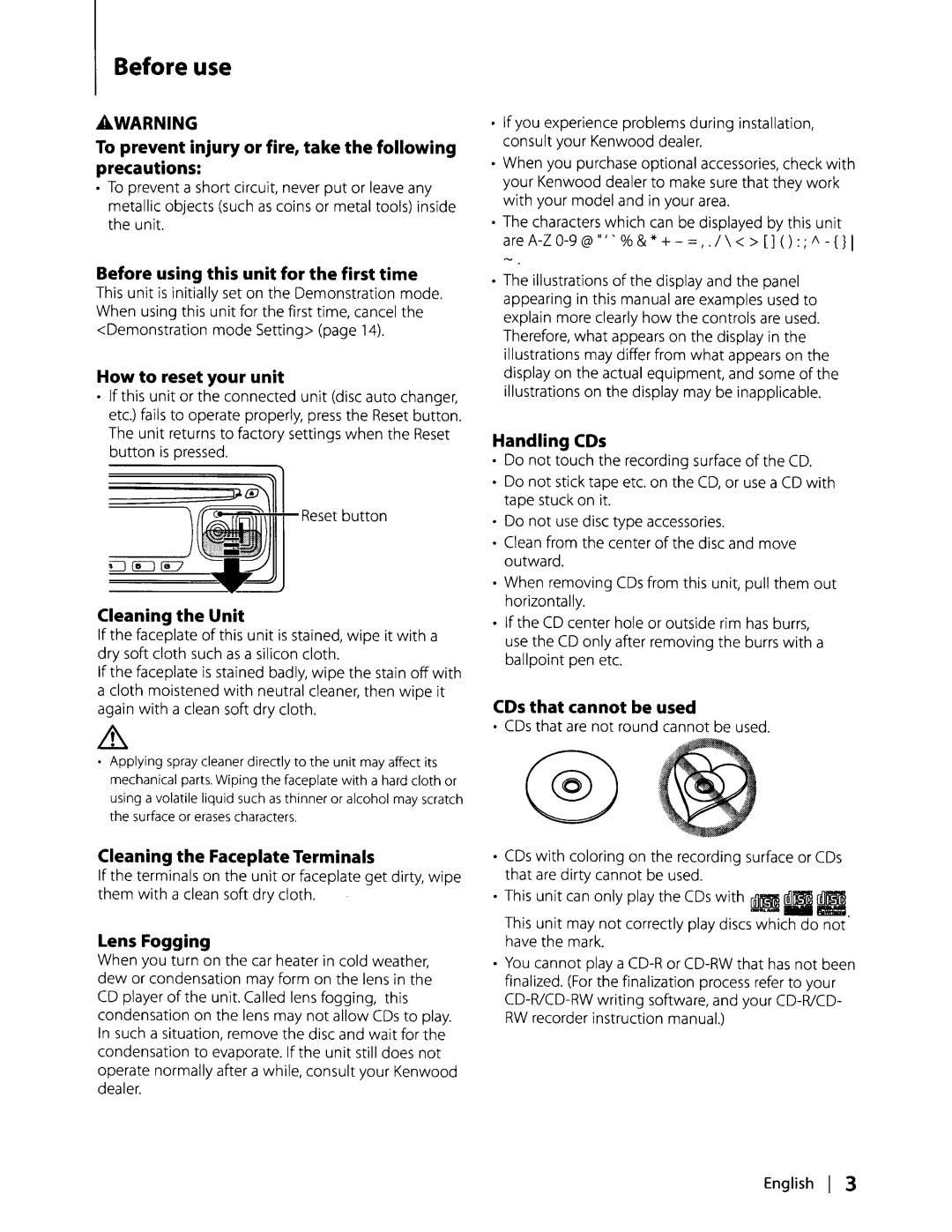 Kenwood KDC-MP438U, KDC-MP338, KDC-MP408U instruction manual Before use 