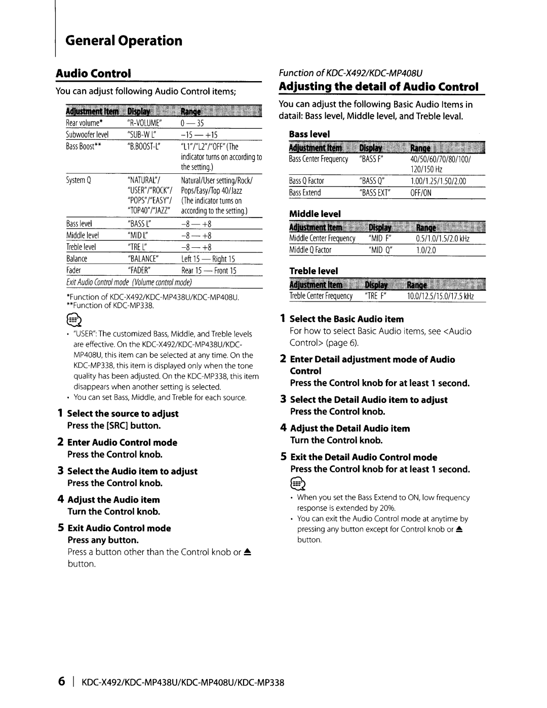 Kenwood KDC-MP438U, KDC-MP338, KDC-MP408U instruction manual Adjusting the detail of Audio Control 