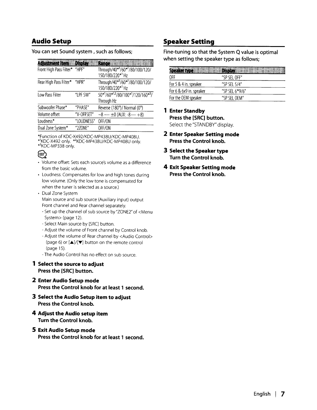 Kenwood KDC-MP338 Audio Setup, Speaker Setting, You can set Sound system, such as follows, English I, Enter Standby 