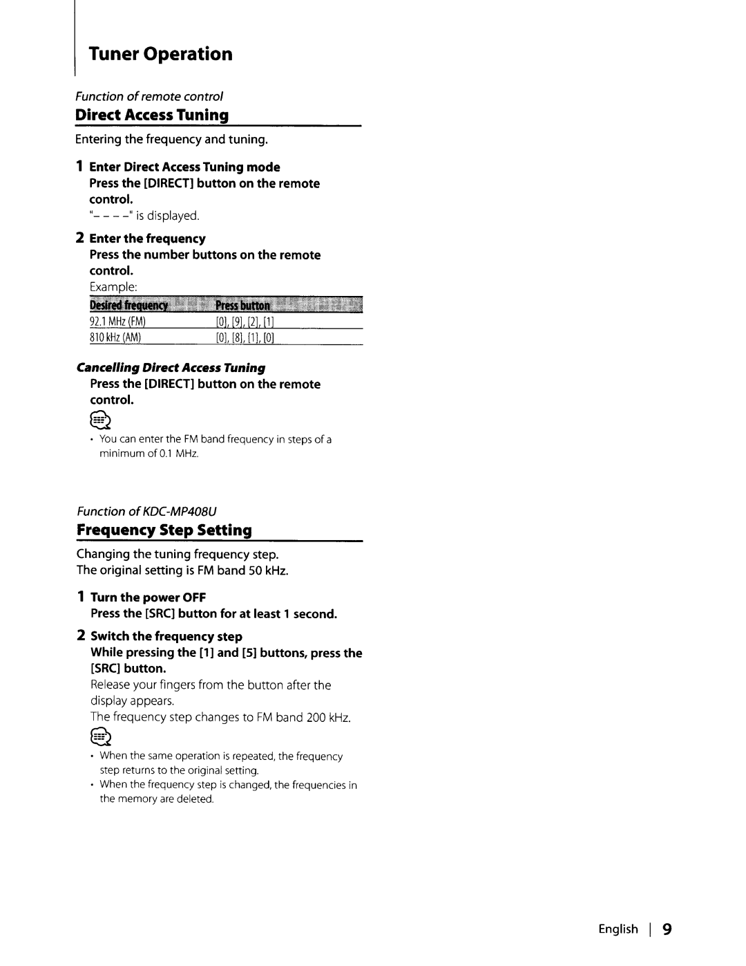 Kenwood KDC-MP438U, KDC-MP338, KDC-MP408U instruction manual Direct Access Tuning, Frequency Step Setting 