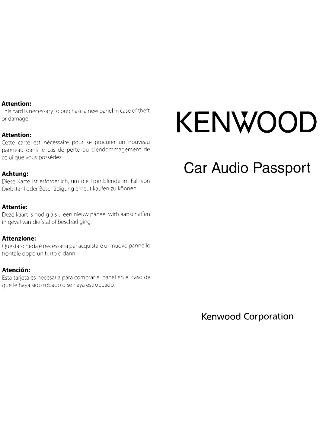 Kenwood KDC-MP438U, KDC-MP338, KDC-MP408U Kenwood Corporation, Car Audio Passport, Achtung, Attentie, Attenzione, Atencion 