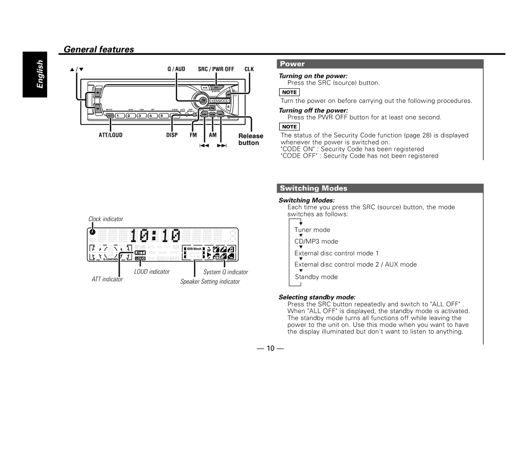 Kenwood KDC-MP8017 instruction manual General features, Power, Switching Modes 