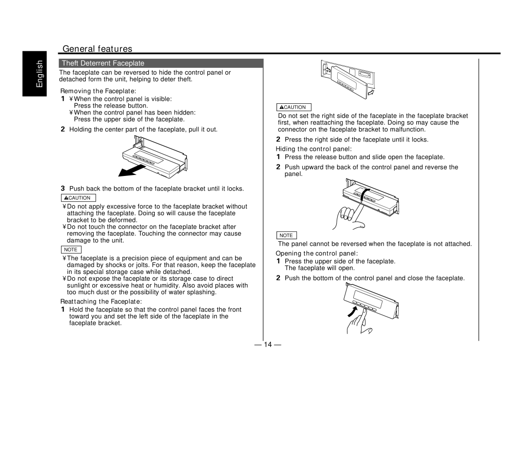 Kenwood KDC-MP8017 Theft Deterrent Faceplate, Removing the Faceplate, Reattaching the Faceplate, Hiding the control panel 