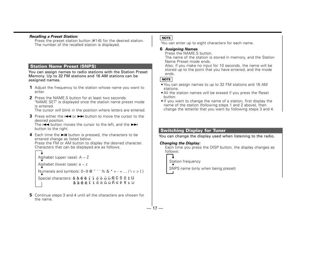 Kenwood KDC-MP8017 Station Name Preset Snps, Switching Display for Tuner, Assigning Names, Changing the Display 