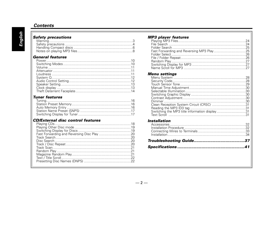 Kenwood KDC-MP8017 instruction manual Contents 