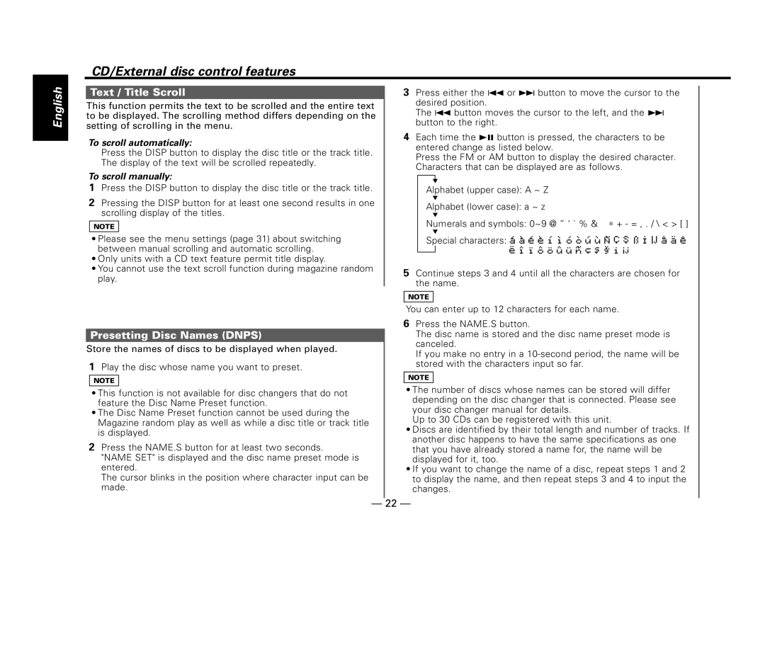 Kenwood KDC-MP8017 Text / Title Scroll, Presetting Disc Names Dnps, To scroll automatically, To scroll manually 