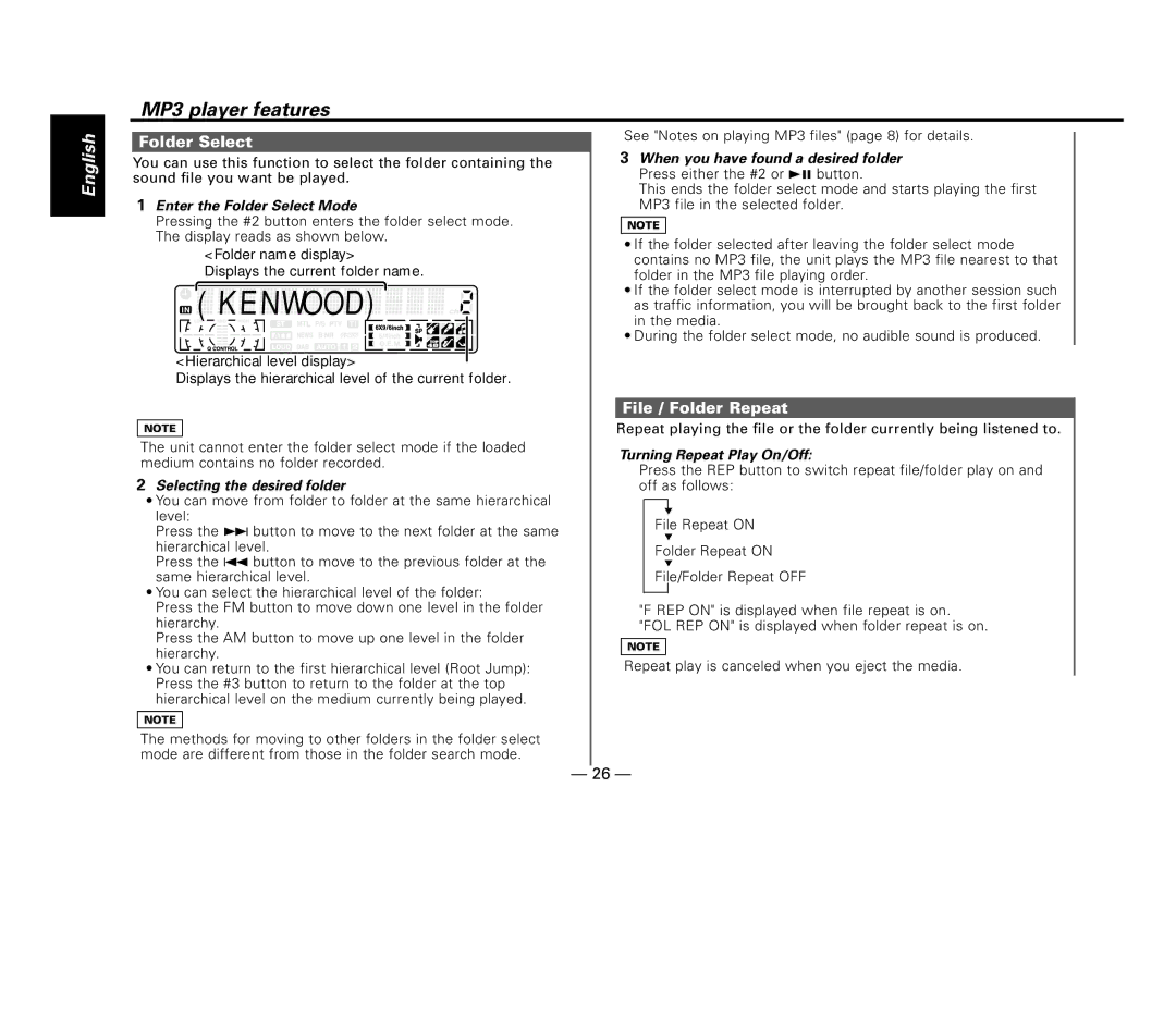 Kenwood KDC-MP8017 instruction manual File / Folder Repeat, Enter the Folder Select Mode, Selecting the desired folder 