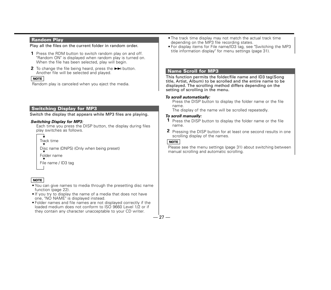 Kenwood KDC-MP8017 instruction manual Switching Display for MP3, Name Scroll for MP3 