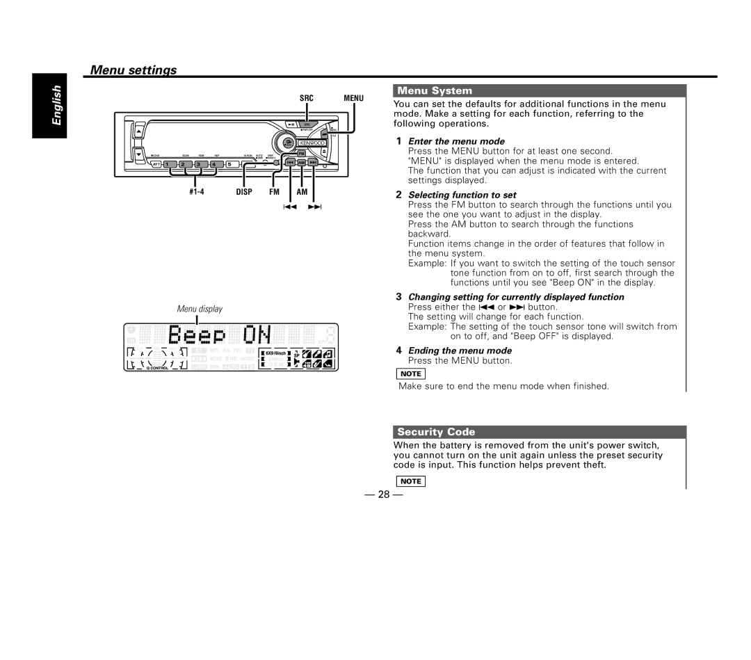 Kenwood KDC-MP8017 instruction manual Menu settings, Menu System, Security Code 