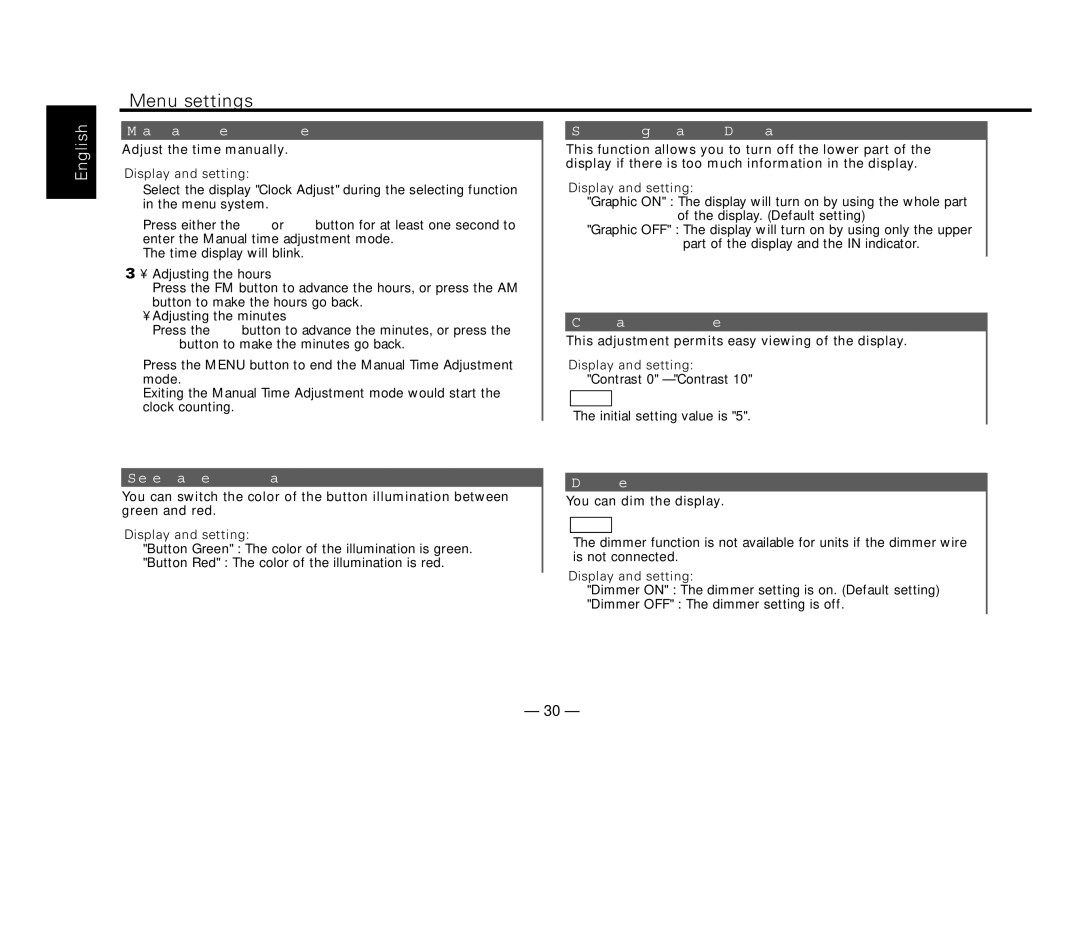 Kenwood KDC-MP8017 Manual Time Adjustment, Switching Graphic Display, Contrast Adjustment, Selectable Illumination, Dimmer 