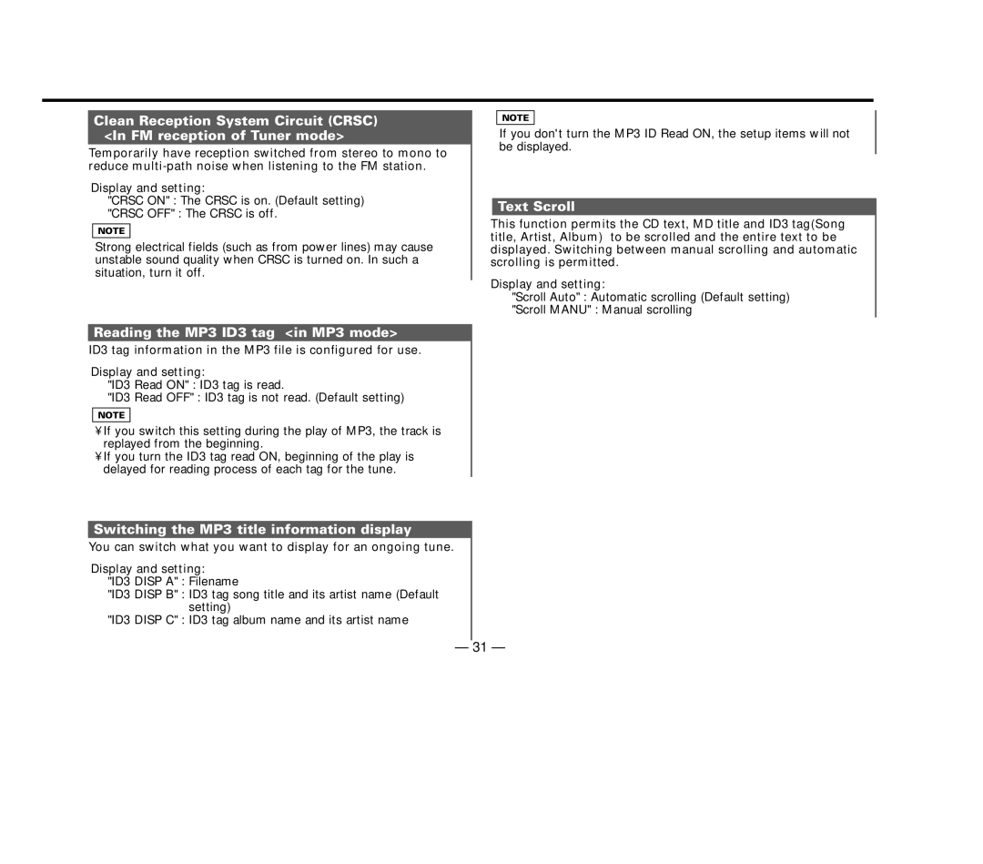 Kenwood KDC-MP8017 Reading the MP3 ID3 tag in MP3 mode, Switching the MP3 title information display, Text Scroll 