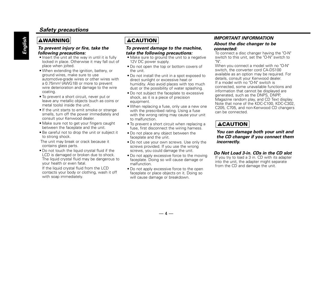 Kenwood KDC-MP8017 instruction manual Safety precautions, To prevent injury or fire, take the following precautions 