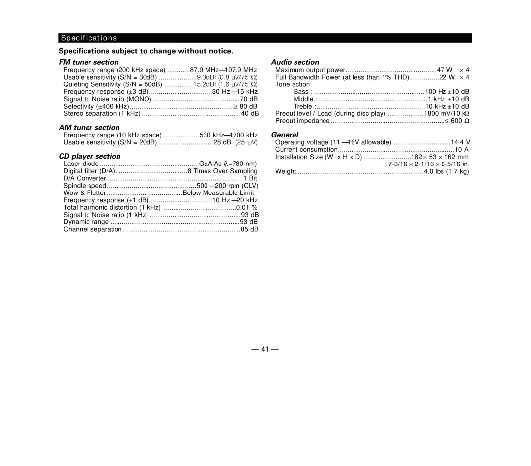 Kenwood KDC-MP8017 instruction manual Specifications, AM tuner section, CD player section, Audio section, General 