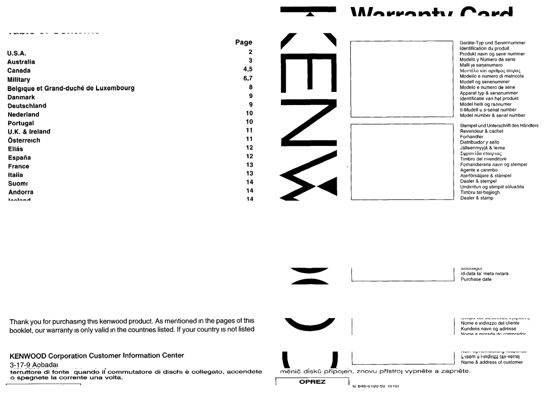 Kenwood KDC-MP8017 instruction manual Warranty Card 