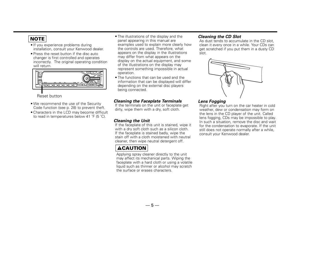 Kenwood KDC-MP8017 Cleaning the CD Slot, Cleaning the Faceplate Terminals, Cleaning the Unit, Lens Fogging 