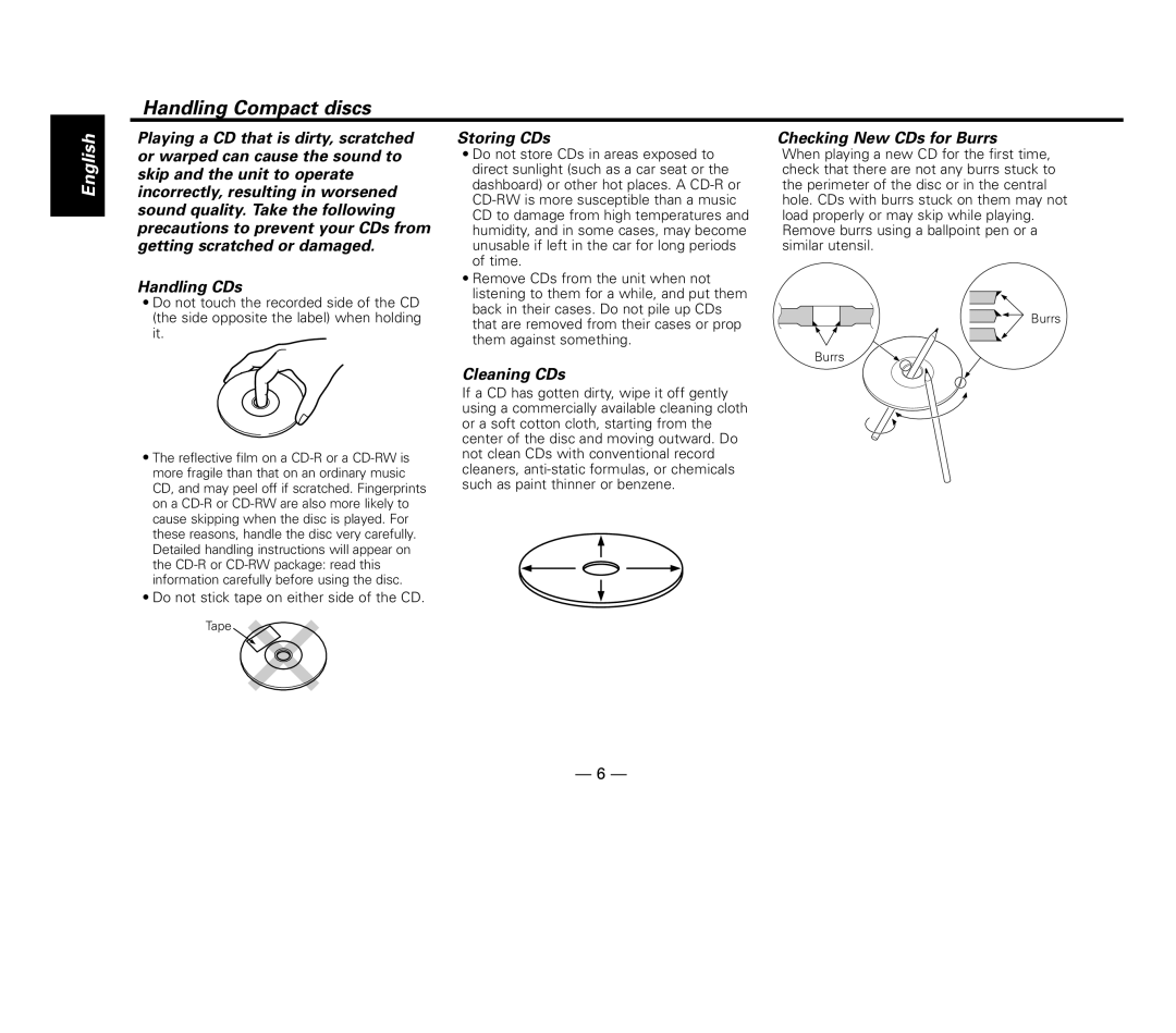 Kenwood KDC-MP8017 instruction manual Handling Compact discs, Storing CDs, Checking New CDs for Burrs, Cleaning CDs 