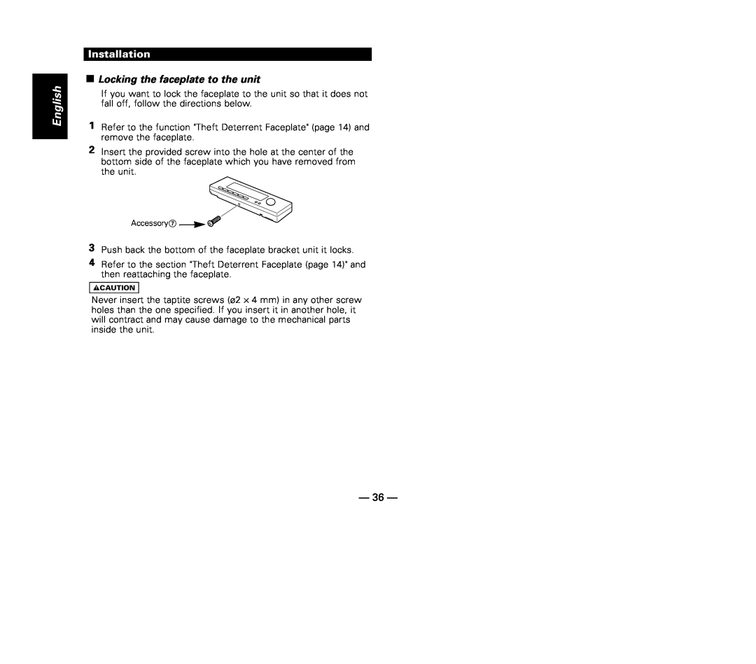 Kenwood KDC-MP8017 instruction manual English, Installation, Locking the faceplate to the unit 