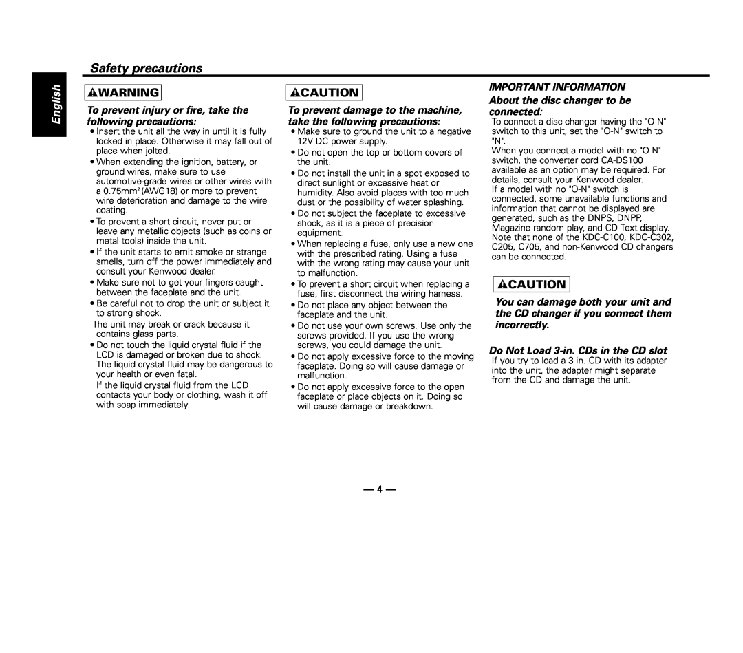 Kenwood KDC-MP8017 instruction manual Safety precautions, 2WARNING, English, 2CAUTION 