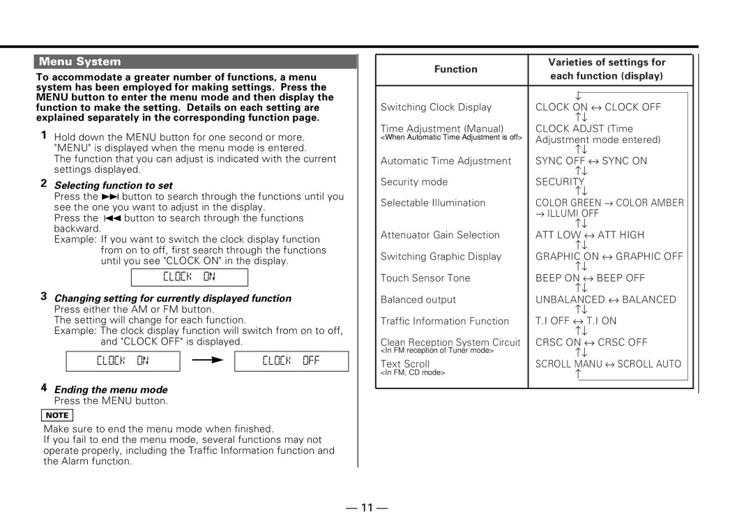 Kenwood KDC-PS909 instruction manual Menu System, Selecting function to set, Ending the menu mode Press the Menu button 