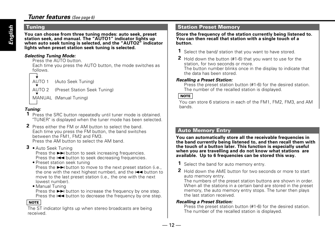 Kenwood KDC-PS909 instruction manual Tuner features See, Tuning Station Preset Memory, Auto Memory Entry 