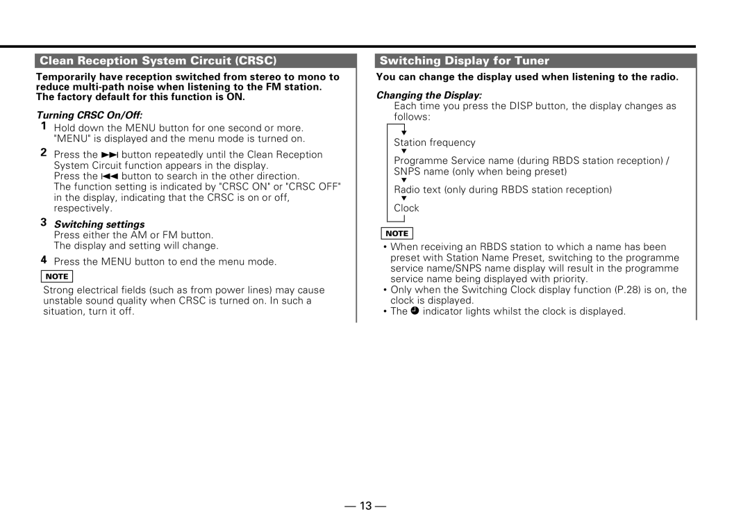 Kenwood KDC-PS909 instruction manual Clean Reception System Circuit Crsc, Switching Display for Tuner 