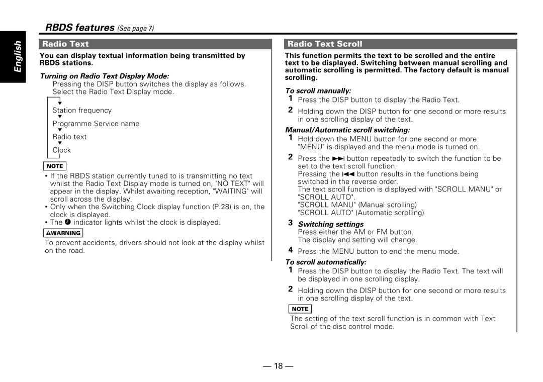 Kenwood KDC-PS909 Radio Text Radio Text Scroll, Scrolling, To scroll manually, Manual/Automatic scroll switching 