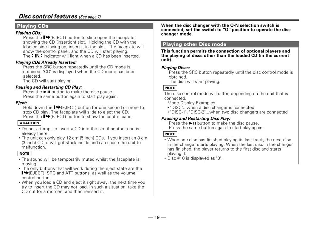 Kenwood KDC-PS909 instruction manual Disc control features See, Playing CDs, Playing other Disc mode 