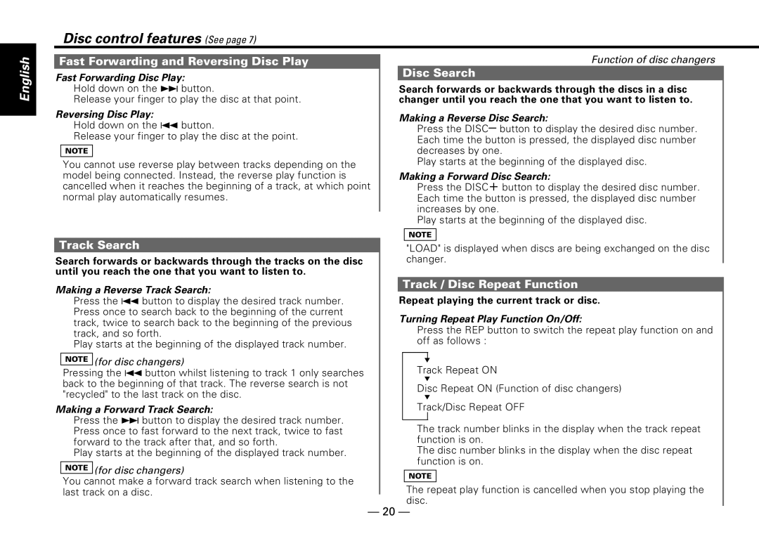 Kenwood KDC-PS909 Fast Forwarding and Reversing Disc Play, Disc Search, Track Search, Track / Disc Repeat Function 