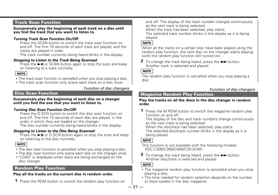 Kenwood KDC-PS909 instruction manual Track Scan Function, Disc Scan Function, Magazine Random Play Function 