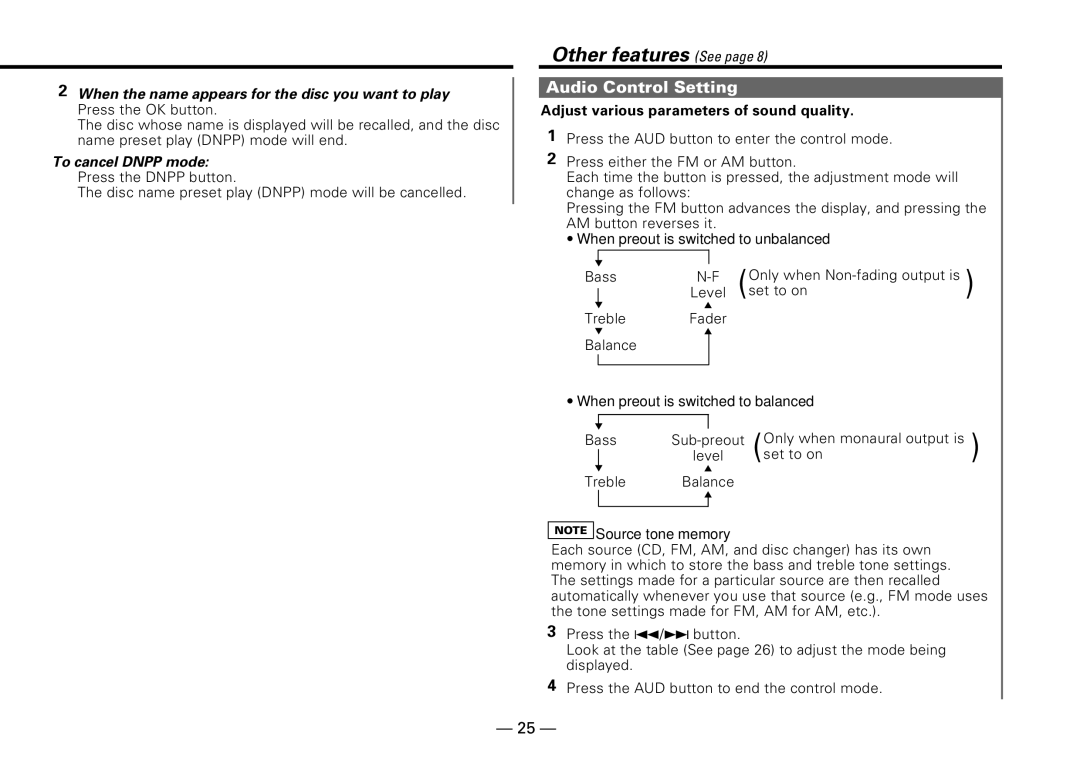 Kenwood KDC-PS909 instruction manual Other features See, Audio Control Setting, To cancel Dnpp mode Press the Dnpp button 