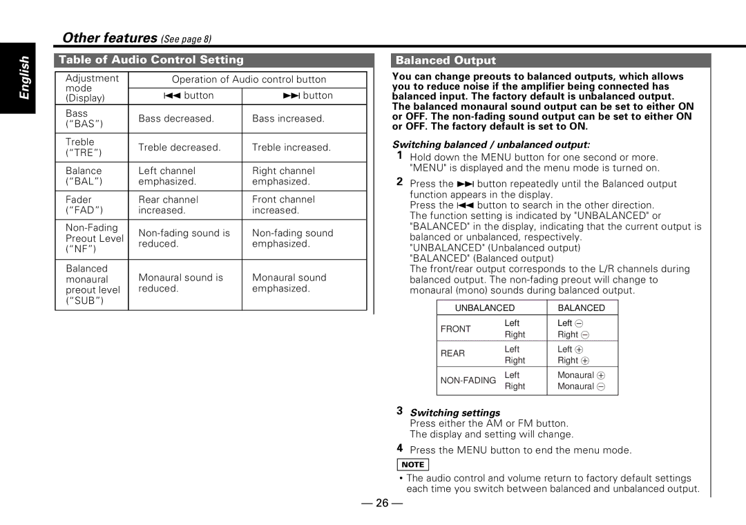 Kenwood KDC-PS909 instruction manual Table of Audio Control Setting Balanced Output 