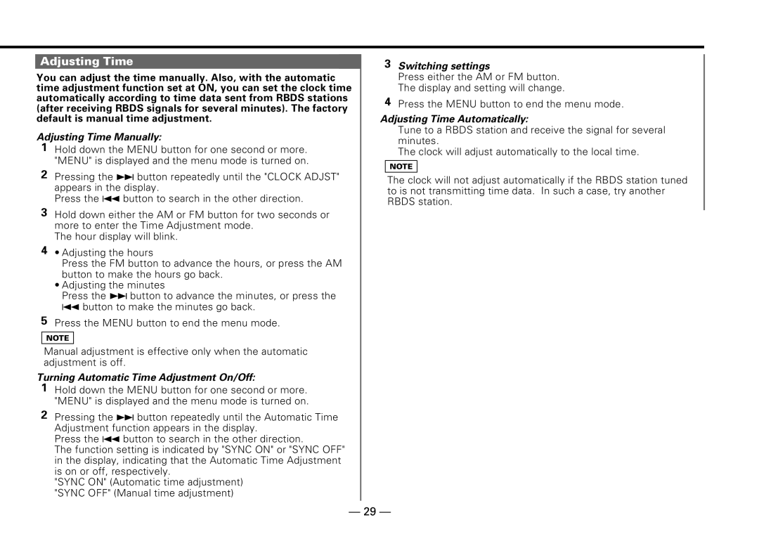 Kenwood KDC-PS909 instruction manual Turning Automatic Time Adjustment On/Off, Adjusting Time Automatically 