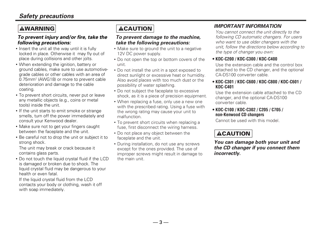 Kenwood KDC-PS909 instruction manual Safety precautions, 2WARNING 