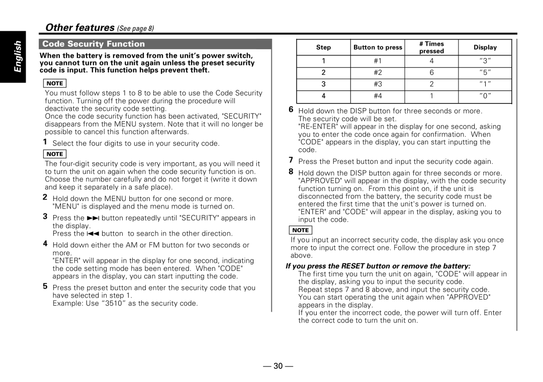 Kenwood KDC-PS909 instruction manual Code Security Function, When the battery is removed from the unit’s power switch 