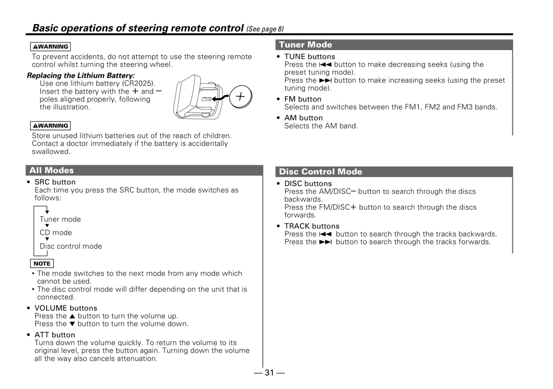 Kenwood KDC-PS909 Basic operations of steering remote control See, All Modes, Tuner Mode, Disc Control Mode 