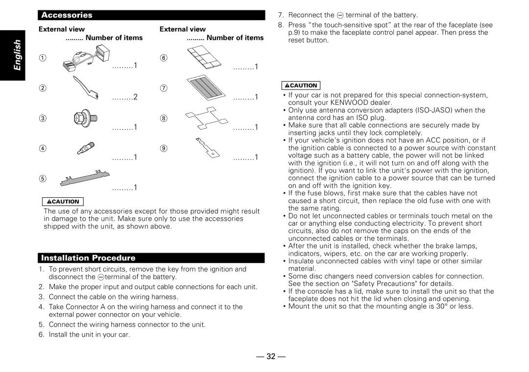 Kenwood KDC-PS909 instruction manual Accessories, Installation Procedure, External view, Number of items 