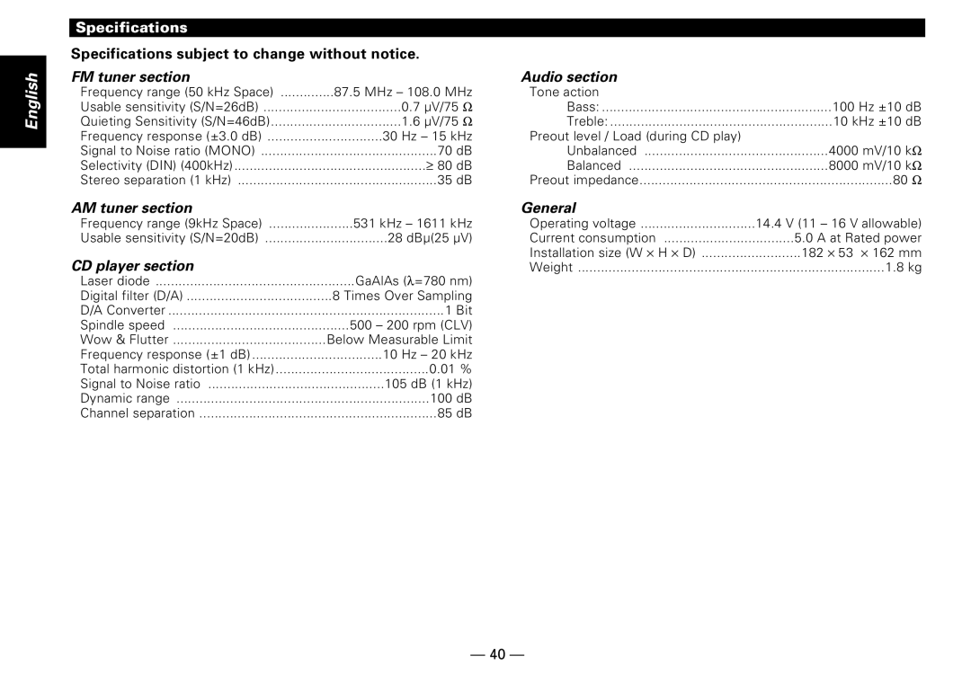 Kenwood KDC-PS909 instruction manual Specifications, AM tuner section, CD player section, Audio section, General 