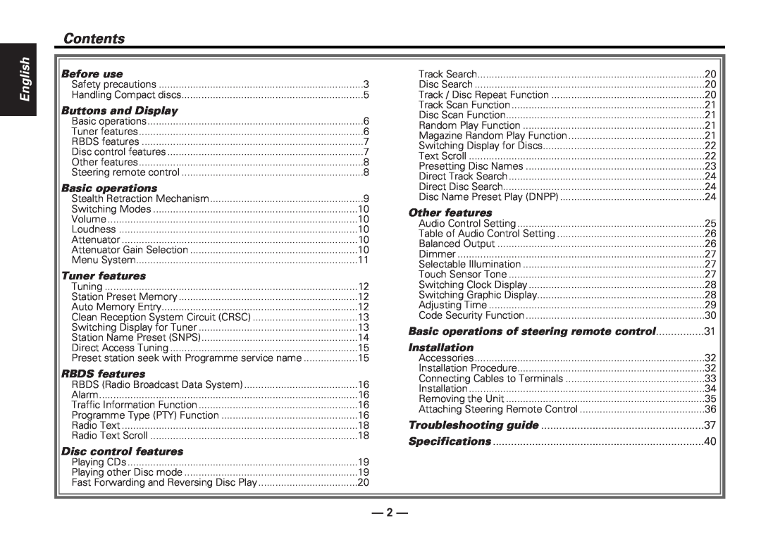 Kenwood KDC-PS909 instruction manual Contents, English 