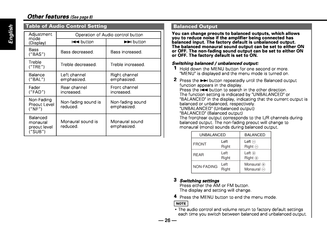 Kenwood KDC-PS909 instruction manual Table of Audio Control Setting, Balanced Output, Other features See page, English 