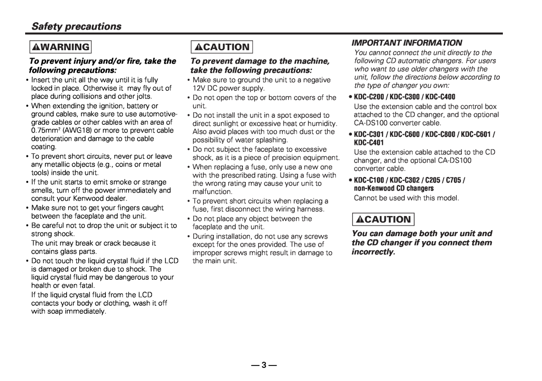 Kenwood KDC-PS909 instruction manual Safety precautions, 2WARNING, 2CAUTION, Important Information 