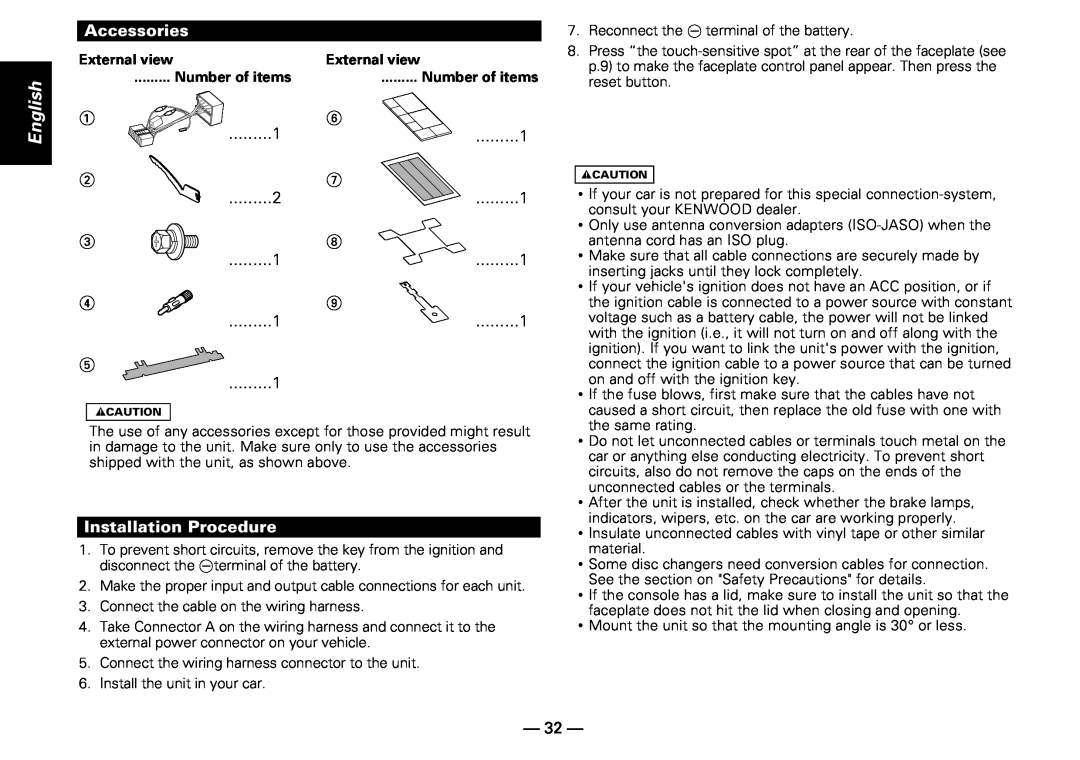 Kenwood KDC-PS909 instruction manual Accessories, Installation Procedure 