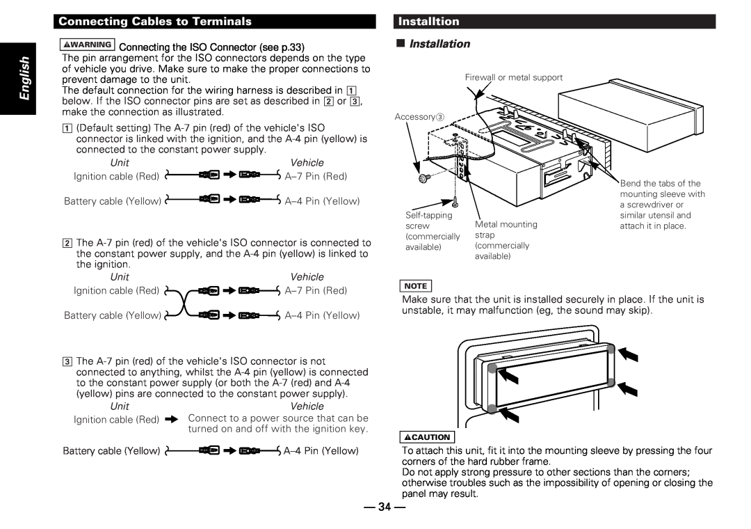 Kenwood KDC-PS909 instruction manual Installtion, Installation, English, Connecting Cables to Terminals 