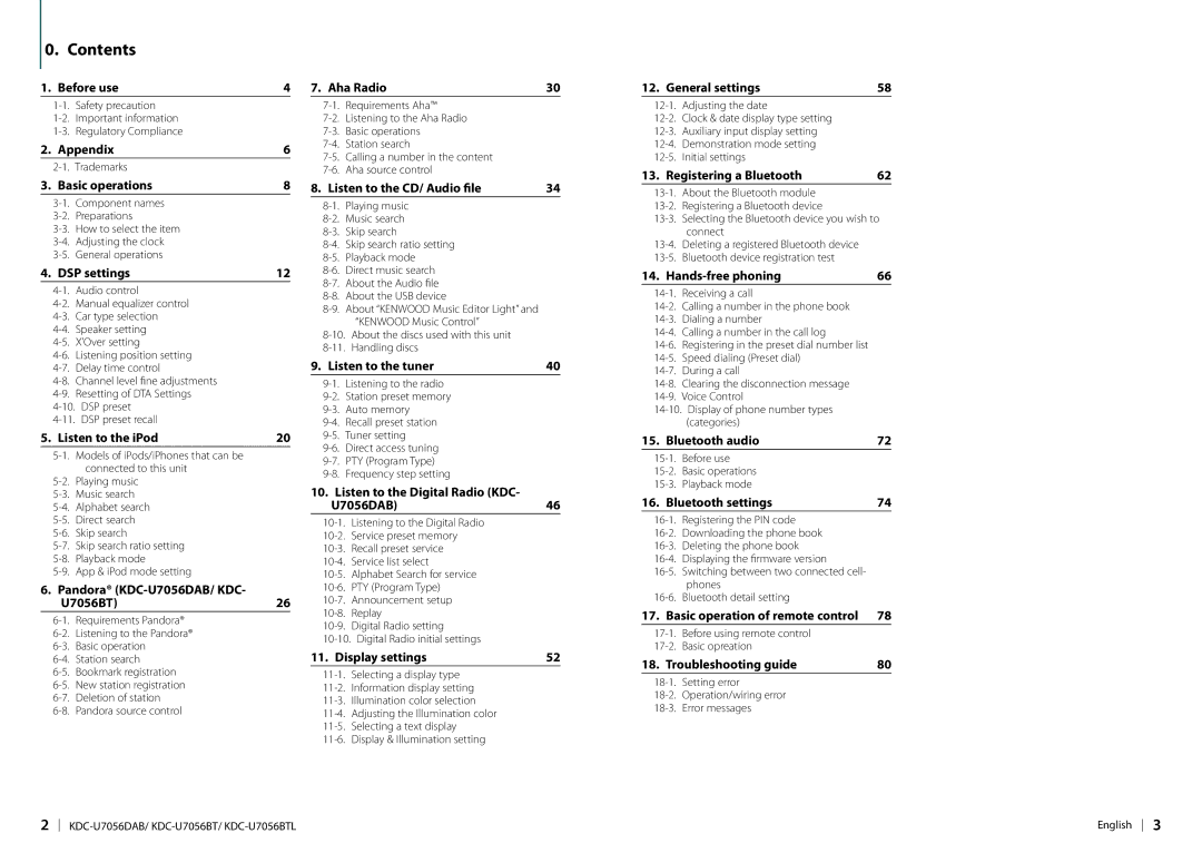 Kenwood KDC-U7056DAB appendix Contents 